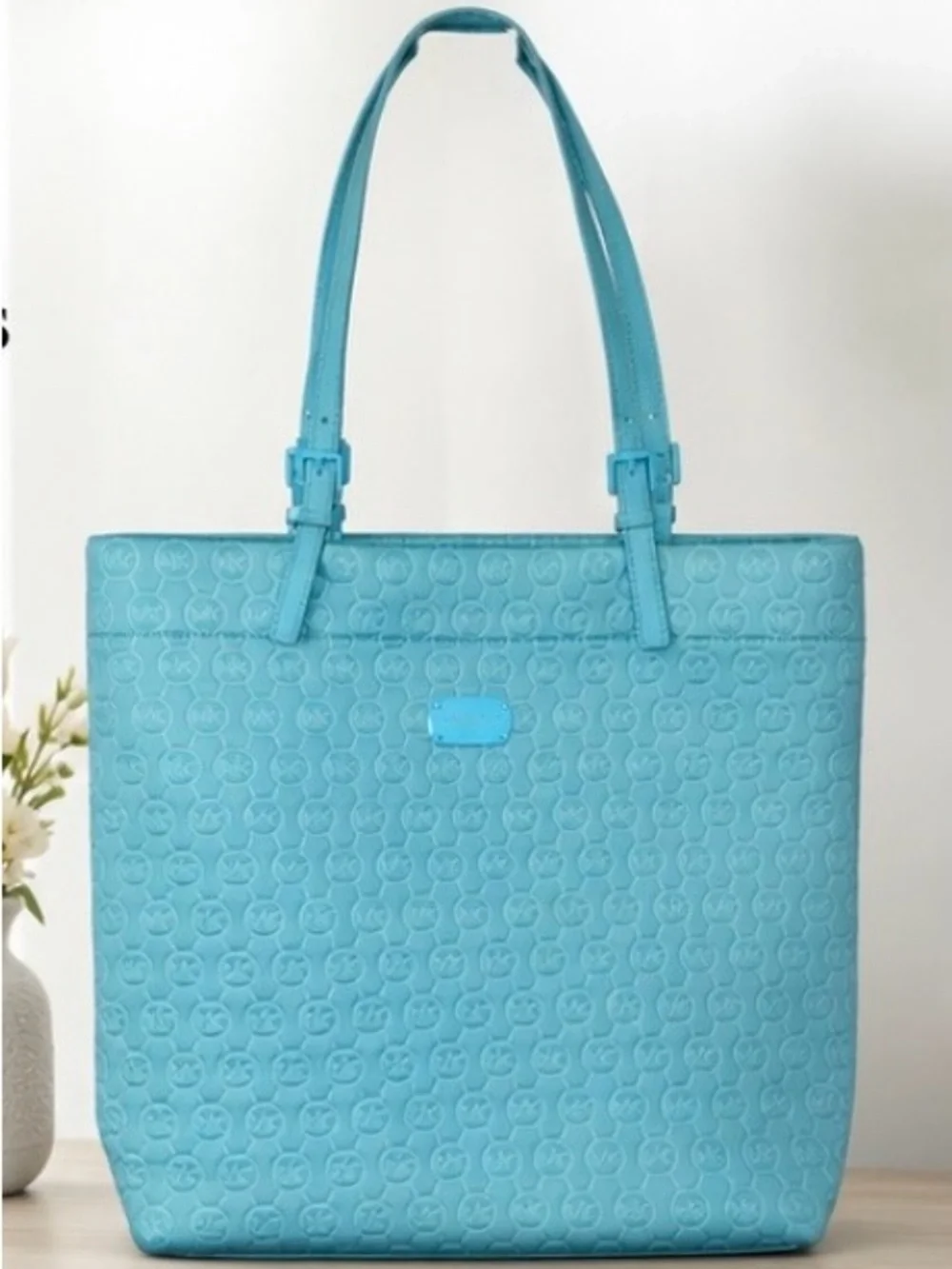 Michael Kors Turquoise Neoprene Tote with Patent Straps